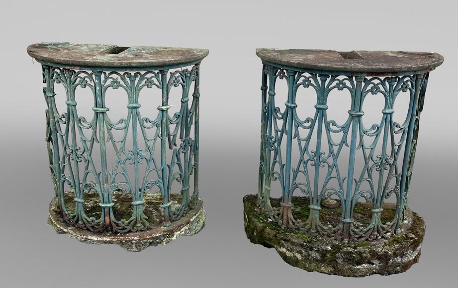 Pair of wrought-iron outdoor side-tables, half-moon shape Pair of wrought-iron outdoor side-tables, half-moon shape-0