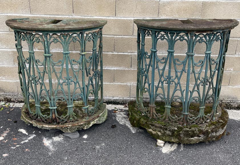 Pair of wrought-iron outdoor side-tables, half-moon shape Pair of wrought-iron outdoor side-tables, half-moon shape-1