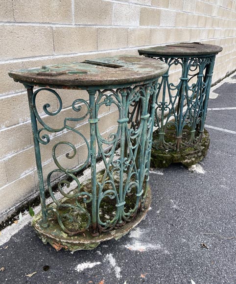Pair of wrought-iron outdoor side-tables, half-moon shape Pair of wrought-iron outdoor side-tables, half-moon shape-2