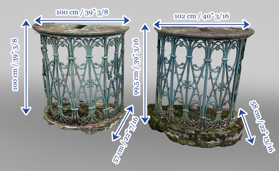 Pair of wrought-iron outdoor side-tables, half-moon shape Pair of wrought-iron outdoor side-tables, half-moon shape-12