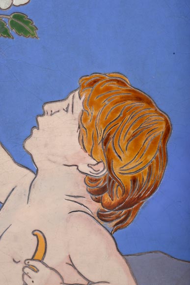 Jules LOEBNITZ (1836 – 1895), Ceramic panel “Child with a flower” Jules LOEBNITZ (1836 – 1895), Ceramic panel “Child with a flower”-2