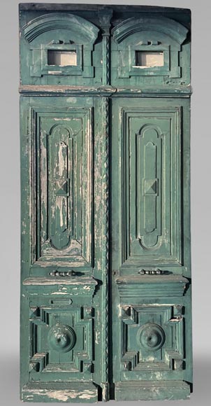Large double door in wood painted in green and pediment, 20th century Large double door in wood painted in green and pediment, 20th century-0