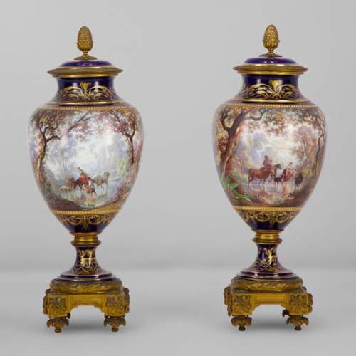 Pair of Sèvres porcelain vases mounted in gilt bronze and painted by J. Machereau, circa 1870