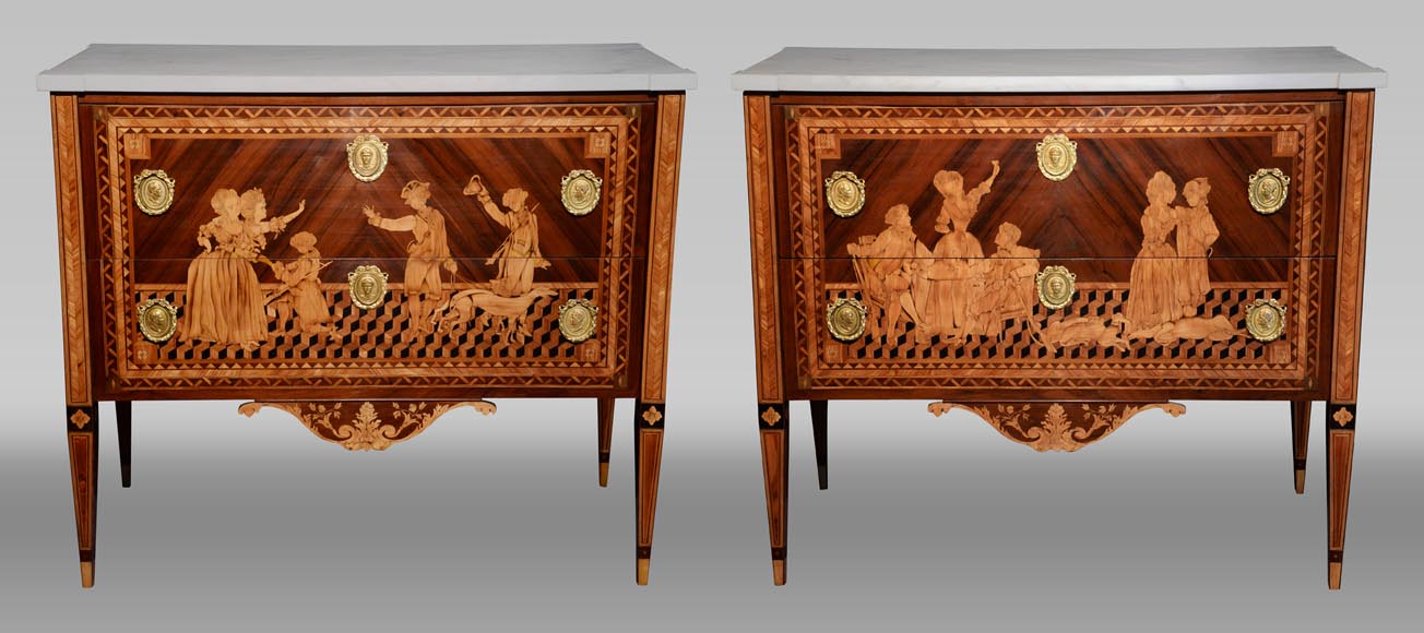 Giuseppe MAGGIOLINI (1738 – 1814)(circle of), Remarkable pair of Neoclassical commodes with marquetry decoration depicting a “Departure for the hunt” and a “ Return from the hunt” beginning of the 19th century Giuseppe MAGGIOLINI (1738 – 1814)(circle of), Remarkable pair of Neoclassical commodes with marquetry decoration depicting a “Departure for the hunt” and a “ Return from the hunt” beginning of the 19th century-0