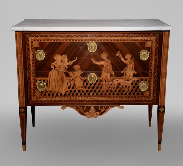 Giuseppe MAGGIOLINI (1738 – 1814)(circle of), Remarkable pair of Neoclassical commodes with marquetry decoration depicting a “Departure for the hunt” and a “ Return from the hunt” beginning of the 19th century Giuseppe MAGGIOLINI (1738 – 1814)(circle of), Remarkable pair of Neoclassical commodes with marquetry decoration depicting a “Departure for the hunt” and a “ Return from the hunt” beginning of the 19th century-1