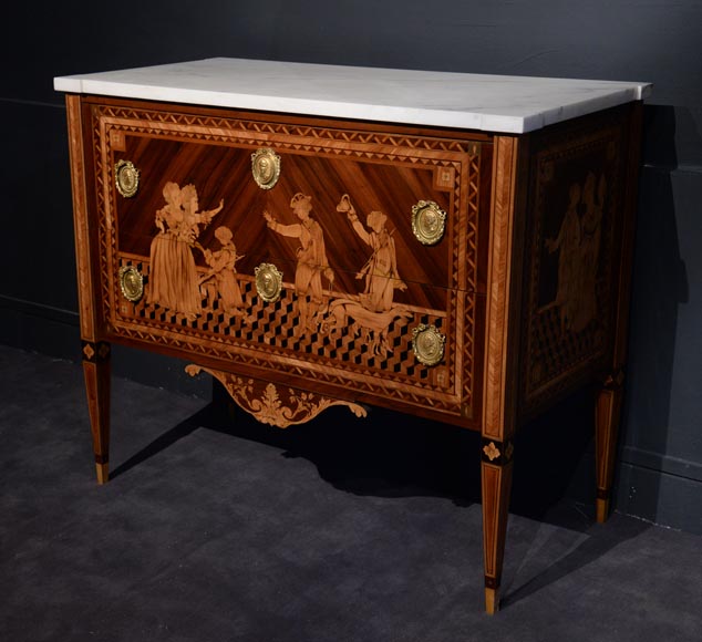 Giuseppe MAGGIOLINI (1738 – 1814)(circle of), Remarkable pair of Neoclassical commodes with marquetry decoration depicting a “Departure for the hunt” and a “ Return from the hunt” beginning of the 19th century Giuseppe MAGGIOLINI (1738 – 1814)(circle of), Remarkable pair of Neoclassical commodes with marquetry decoration depicting a “Departure for the hunt” and a “ Return from the hunt” beginning of the 19th century-3