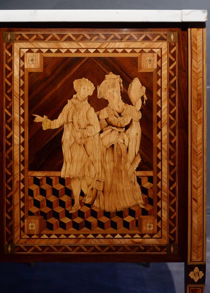 Giuseppe MAGGIOLINI (1738 – 1814)(circle of), Remarkable pair of Neoclassical commodes with marquetry decoration depicting a “Departure for the hunt” and a “ Return from the hunt” beginning of the 19th century Giuseppe MAGGIOLINI (1738 – 1814)(circle of), Remarkable pair of Neoclassical commodes with marquetry decoration depicting a “Departure for the hunt” and a “ Return from the hunt” beginning of the 19th century-6