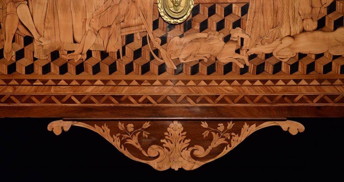 Giuseppe MAGGIOLINI (1738 – 1814)(circle of), Remarkable pair of Neoclassical commodes with marquetry decoration depicting a “Departure for the hunt” and a “ Return from the hunt” beginning of the 19th century Giuseppe MAGGIOLINI (1738 – 1814)(circle of), Remarkable pair of Neoclassical commodes with marquetry decoration depicting a “Departure for the hunt” and a “ Return from the hunt” beginning of the 19th century-15