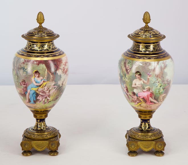 MANUFACTURE DE SÈVRES and Charles LABARRE (painter) - Pair of porcelain vases mounted in gilt bronze, circa 1890 MANUFACTURE DE SÈVRES and Charles LABARRE (painter) - Pair of porcelain vases mounted in gilt bronze, circa 1890-1