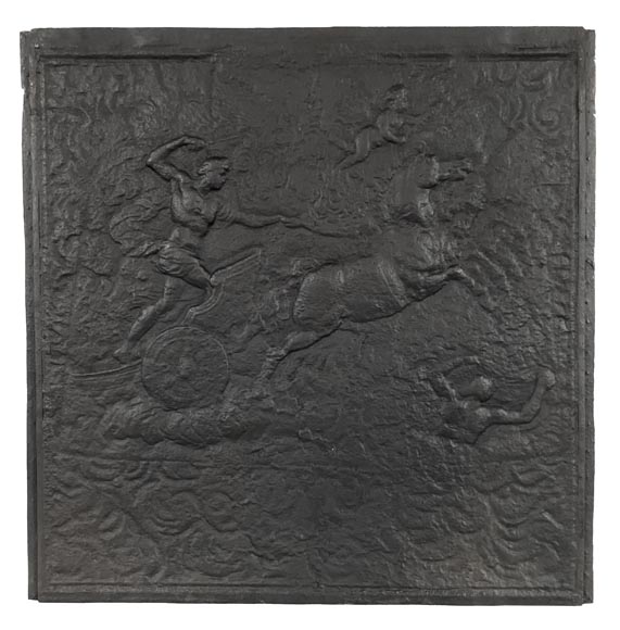 Cast iron fireback decorated with a chariot of Apollo Cast iron fireback decorated with a chariot of Apollo-0