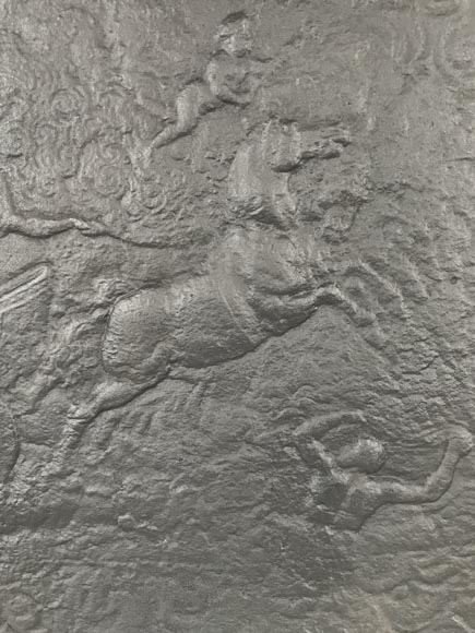 Cast iron fireback decorated with a chariot of Apollo Cast iron fireback decorated with a chariot of Apollo-2