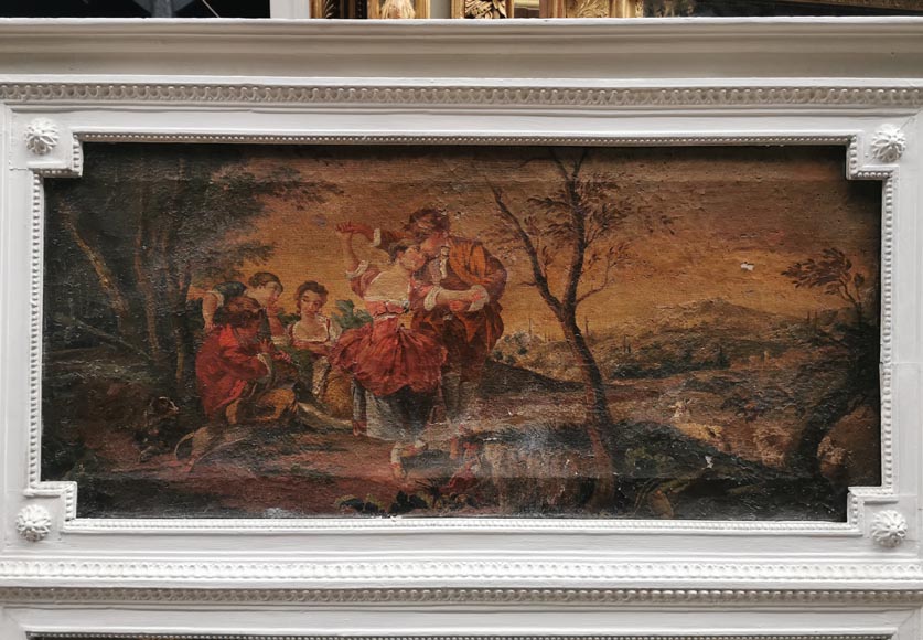 Small Louis XVI style trumeau with an oil on canva depicting a romantic scene Small Louis XVI style trumeau with an oil on canva depicting a romantic scene-1