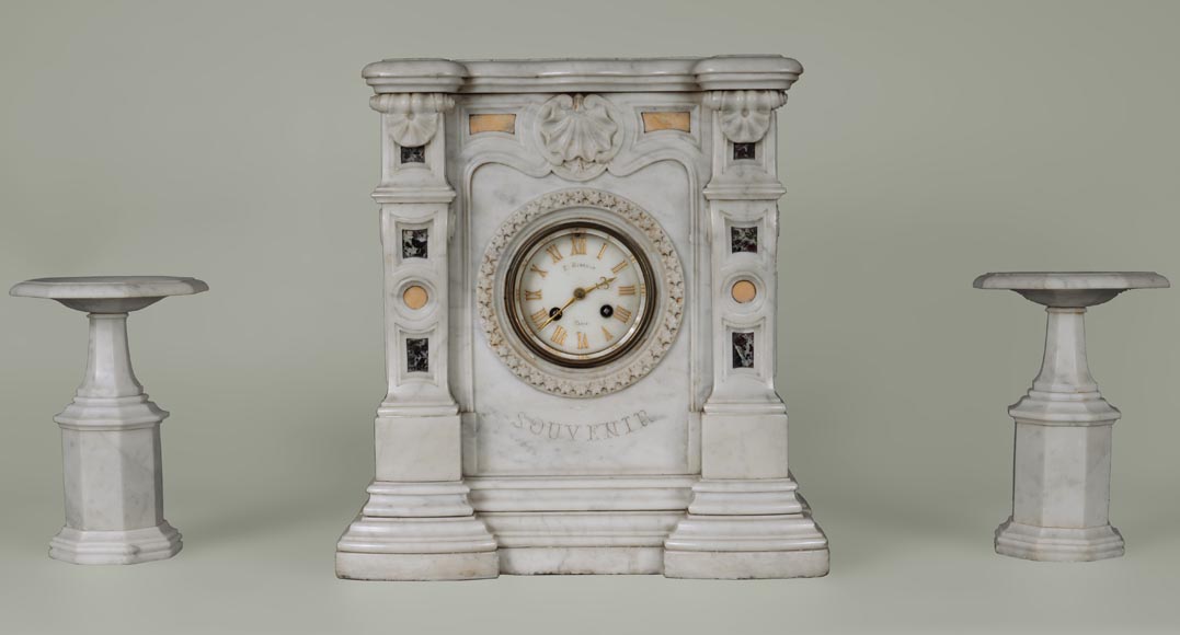 Set clock in Carrara marble taking the shape of a mantel Set clock in Carrara marble taking the shape of a mantel-0