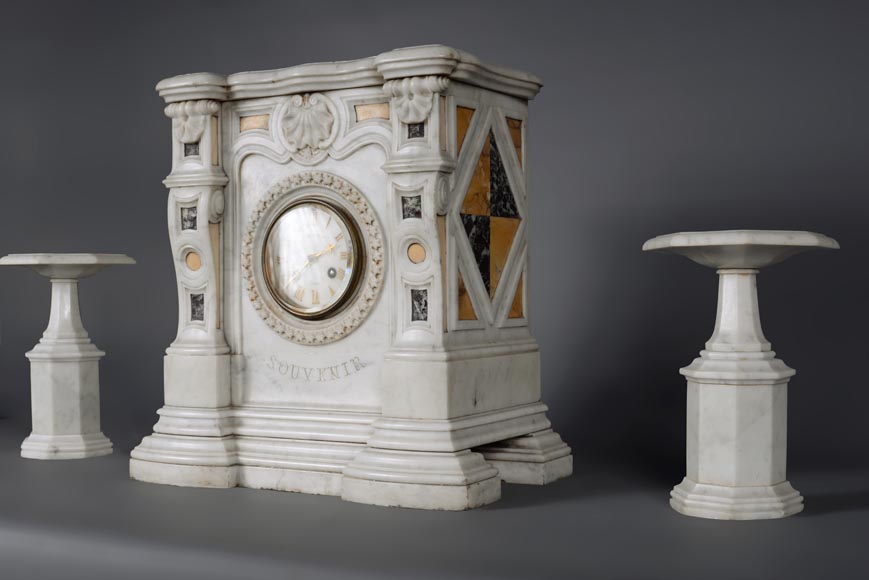 Set clock in Carrara marble taking the shape of a mantel Set clock in Carrara marble taking the shape of a mantel-4