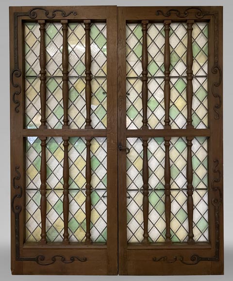 Double door in oak and stained glass, 20th century Double door in oak and stained glass, 20th century-0
