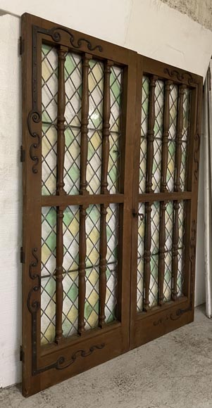 Double door in oak and stained glass, 20th century Double door in oak and stained glass, 20th century-1