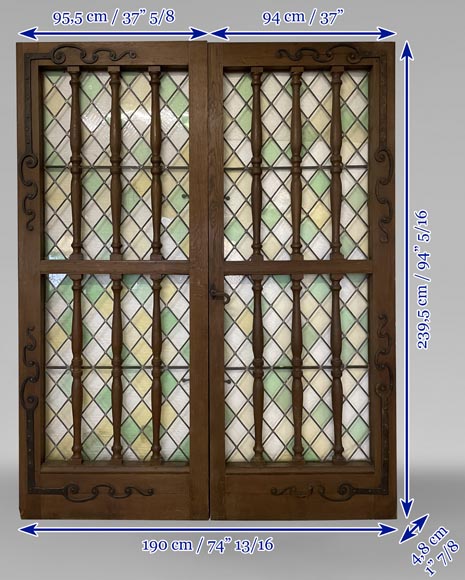 Double door in oak and stained glass, 20th century Double door in oak and stained glass, 20th century-13