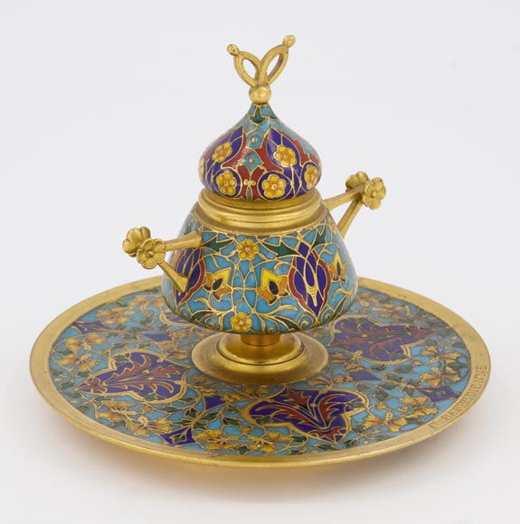 F. BARBEDIENNE - Small bronze inkwell with a cloisonne decor F. BARBEDIENNE - Small bronze inkwell with a cloisonne decor-4