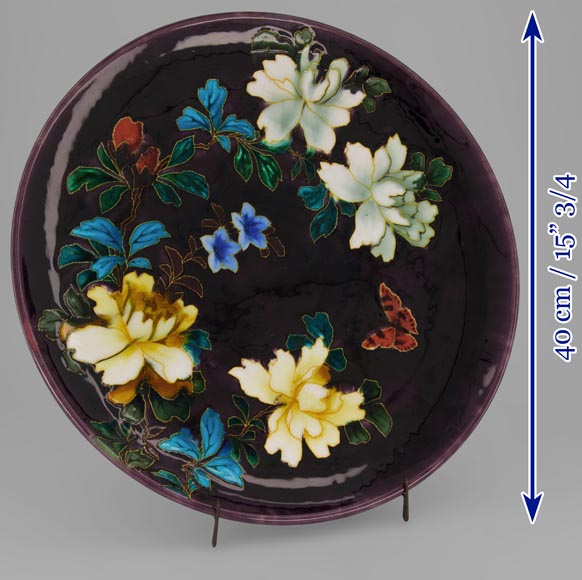 Théodore DECK, Ornamental dish with flowers and a red butterfly on an aubergine background-7