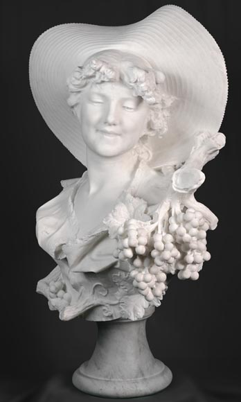 F. SAUL, Jeune fille au chapeau dans les vignes, carved bust in Carrara marble F. SAUL, Jeune fille au chapeau dans les vignes, carved bust in Carrara marble-0