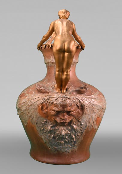 Auguste LEDRU (sculptor) and Émile COLIN (editor), Large Stoneware Vase with Masks and Gilt Bronze Female Figures, circa 1902 Auguste LEDRU (sculptor) and Émile COLIN (editor), Large Stoneware Vase with Masks and Gilt Bronze Female Figures, circa 1902-1