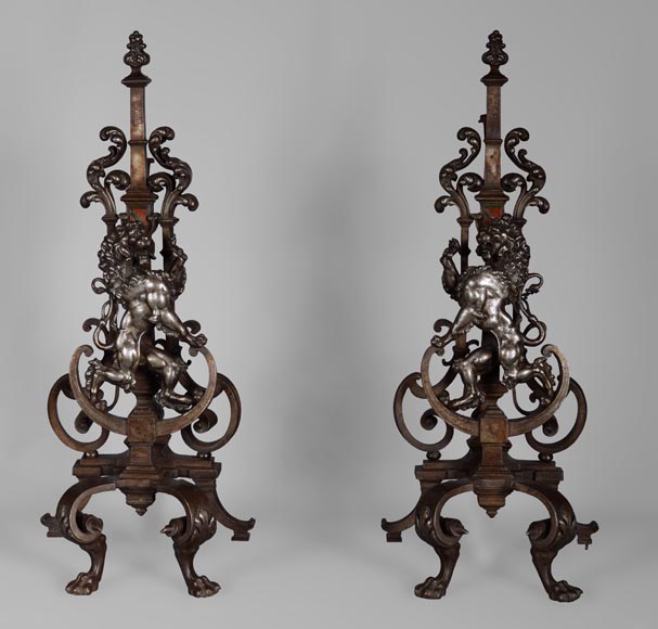 Pair of silvered iron and cat iron andirons with standing lions Pair of silvered iron and cat iron andirons with standing lions-0