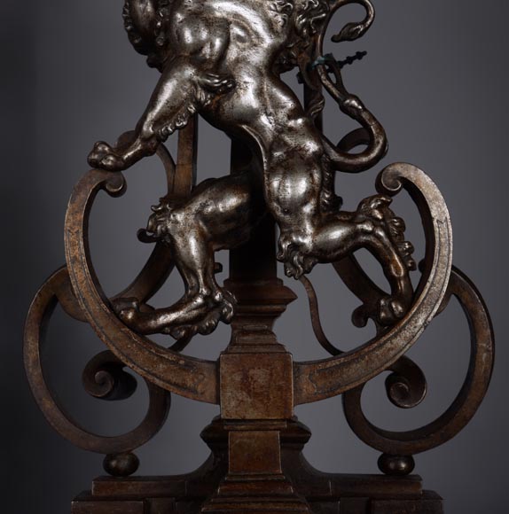 Pair of silvered iron and cat iron andirons with standing lions Pair of silvered iron and cat iron andirons with standing lions-9