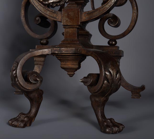 Pair of silvered iron and cat iron andirons with standing lions Pair of silvered iron and cat iron andirons with standing lions-11