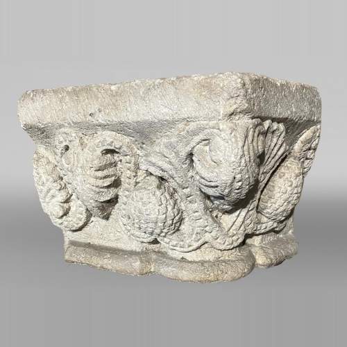 Medieval Stone Capital with Pinecone Decor, 12th Century