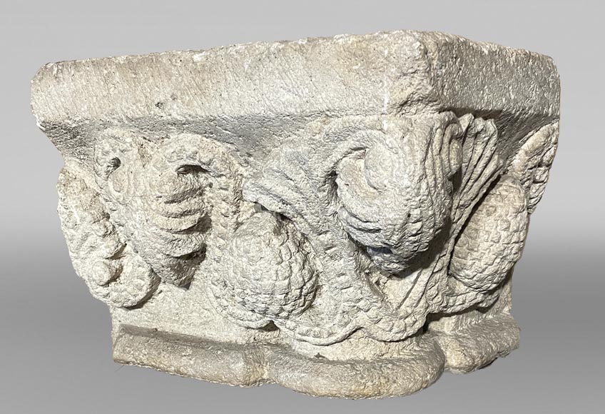 Medieval Stone Capital with Pinecone Decor, 12th Century Medieval Stone Capital with Pinecone Decor, 12th Century-0