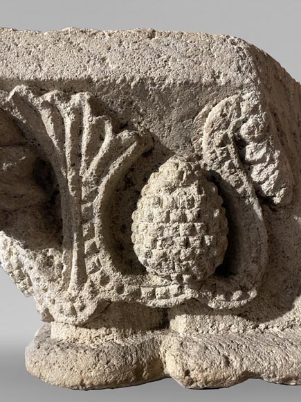 Medieval Stone Capital with Pinecone Decor, 12th Century Medieval Stone Capital with Pinecone Decor, 12th Century-3