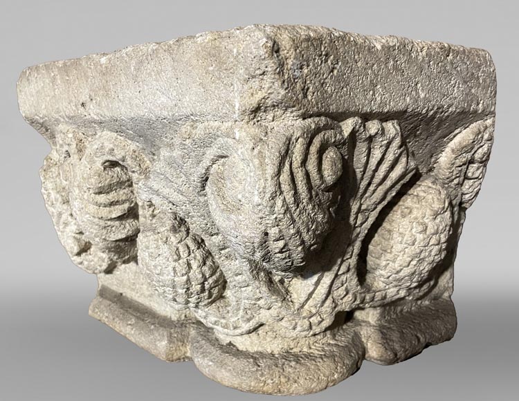 Medieval Stone Capital with Pinecone Decor, 12th Century Medieval Stone Capital with Pinecone Decor, 12th Century-4