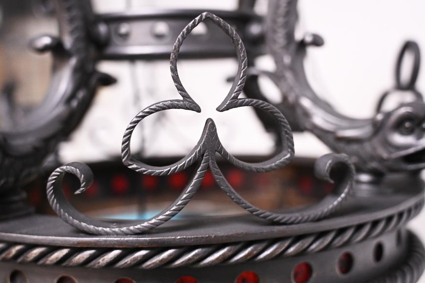 Pair of neo-Gothic lanterns with fleur-de-lis and dolphins, circa 1895 Pair of neo-Gothic lanterns with fleur-de-lis and dolphins, circa 1895-9