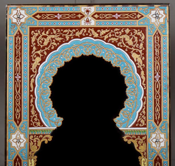 Mirror with polychrome enamel decoration of Nasrid inspiration signed and dated 1886 Mirror with polychrome enamel decoration of Nasrid inspiration signed and dated 1886-1