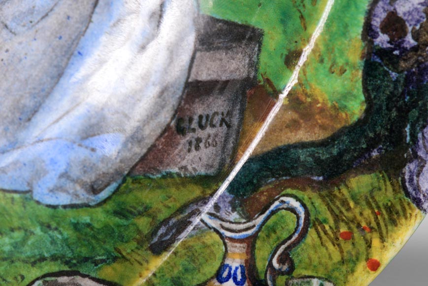 Théodore DECK (ceramist), Eugène GLUCK (painter), Ornamental dish decorated with a bucolic scene with an escarpolette Théodore DECK (ceramist), Eugène GLUCK (painter), Ornamental dish decorated with a bucolic scene with an escarpolette-7