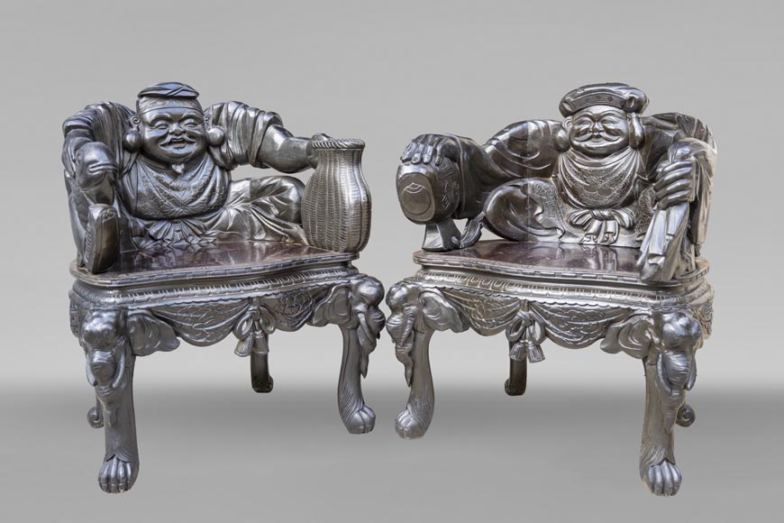 Pair of Japanese Carved Armchairs – Ebisu and Daikoku Pair of Japanese Carved Armchairs – Ebisu and Daikoku-0