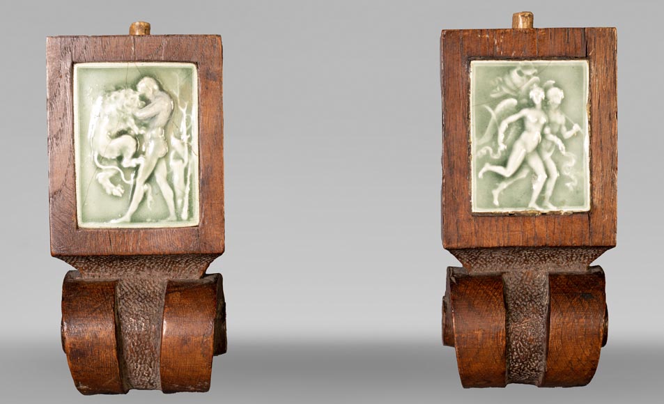 DECK Théodore, monumental oak mirror with green glazed faience medallions DECK Théodore, monumental oak mirror with green glazed faience medallions-1