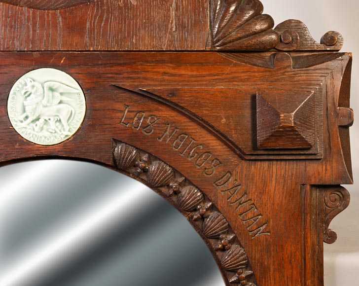 DECK Théodore, monumental oak mirror with green glazed faience medallions DECK Théodore, monumental oak mirror with green glazed faience medallions-4