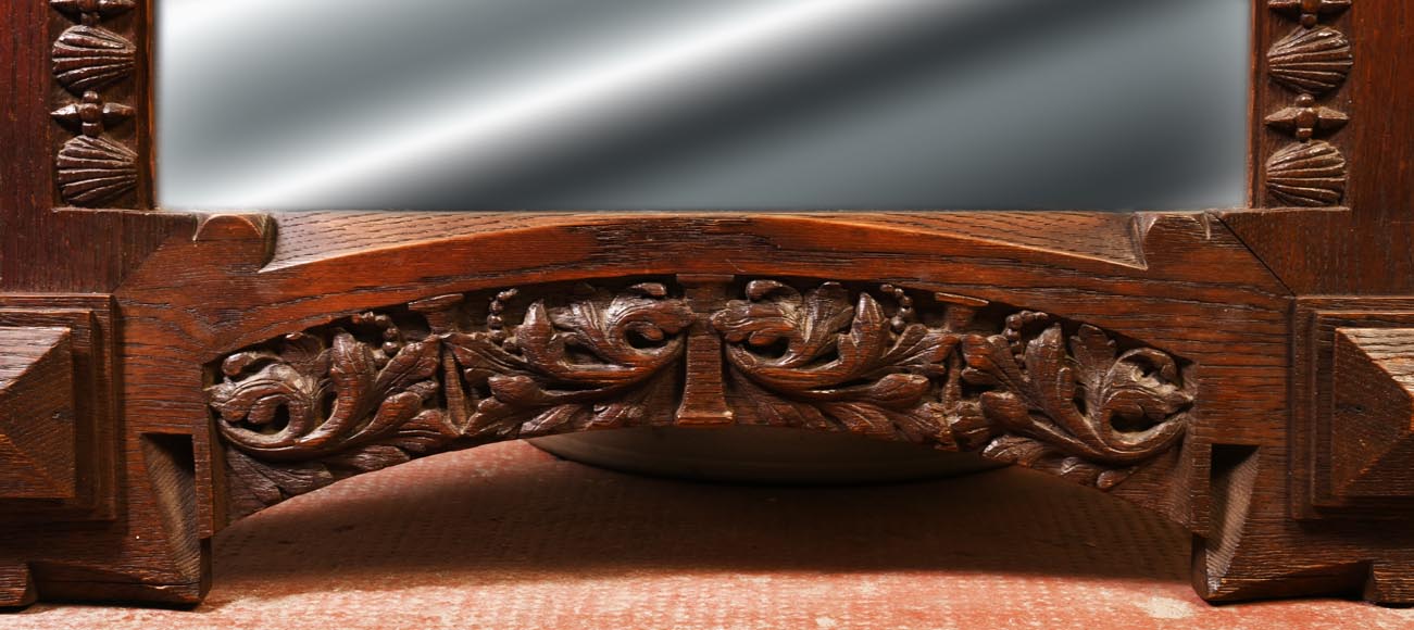 DECK Théodore, monumental oak mirror with green glazed faience medallions DECK Théodore, monumental oak mirror with green glazed faience medallions-6