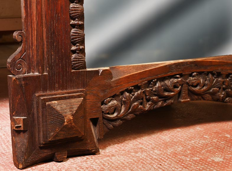 DECK Théodore, monumental oak mirror with green glazed faience medallions DECK Théodore, monumental oak mirror with green glazed faience medallions-7