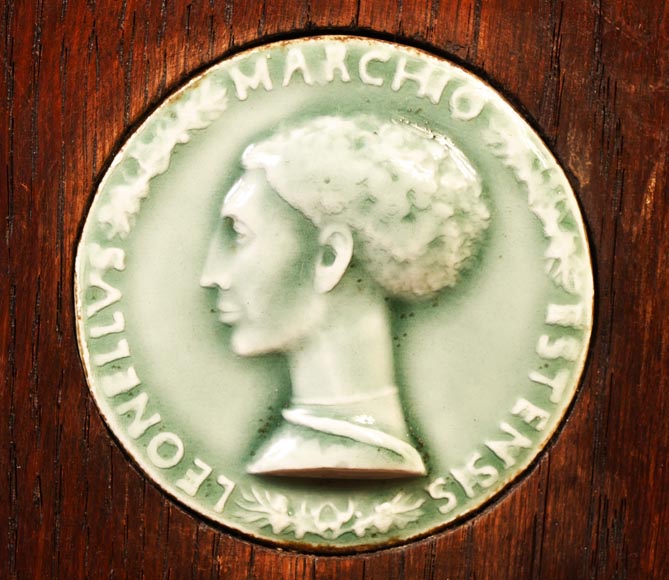 DECK Théodore, monumental oak mirror with green glazed faience medallions DECK Théodore, monumental oak mirror with green glazed faience medallions-12