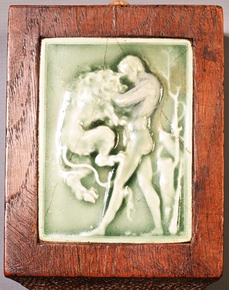 DECK Théodore, monumental oak mirror with green glazed faience medallions DECK Théodore, monumental oak mirror with green glazed faience medallions-14