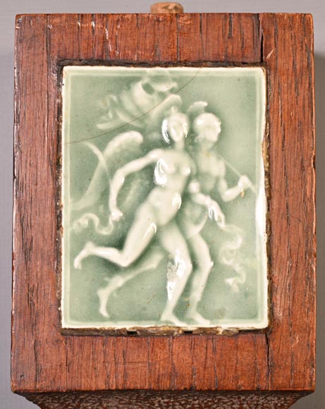 DECK Théodore, monumental oak mirror with green glazed faience medallions DECK Théodore, monumental oak mirror with green glazed faience medallions-15