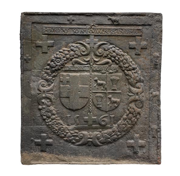 Fireback from 1561 with the alliance arms of Jacques de Tige and Blanche de Villelongue. Fireback from 1561 with the alliance arms of Jacques de Tige and Blanche de Villelongue.-0