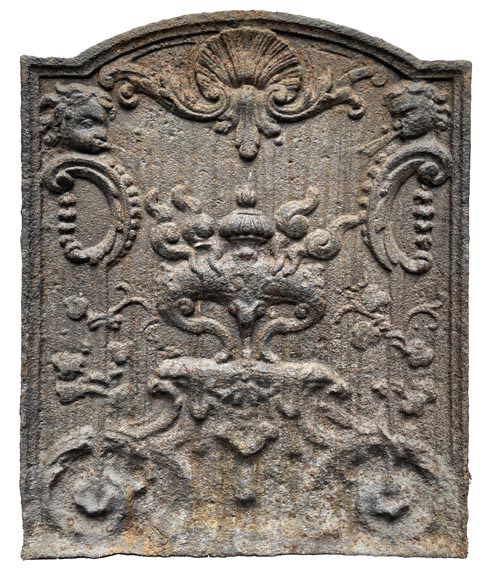 Cast iron fireback decorated with a smoking incense burner Cast iron fireback decorated with a smoking incense burner-0