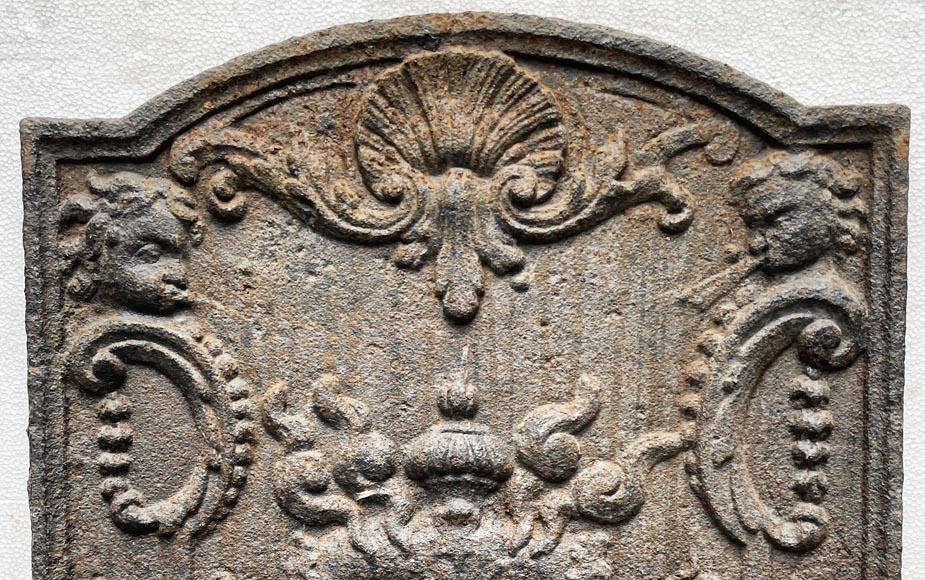 Cast iron fireback decorated with a smoking incense burner Cast iron fireback decorated with a smoking incense burner-4