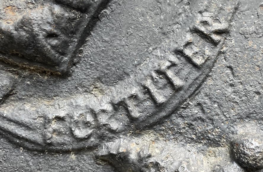 18th century fireback with two shields surrounded by three wild men 18th century fireback with two shields surrounded by three wild men-2