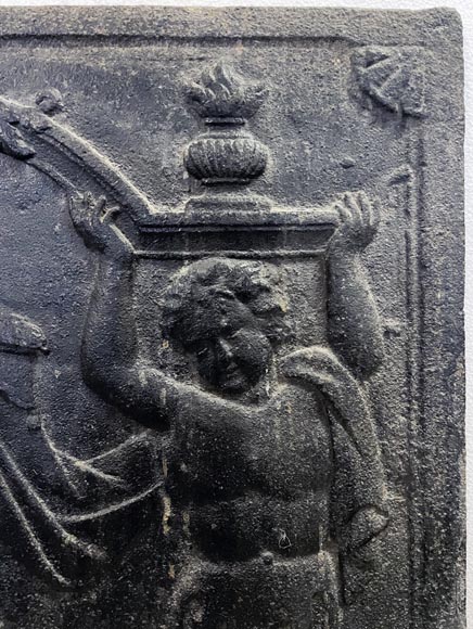Fireback of the 18th century with two atlantes supporting an entablature with fire vases Fireback of the 18th century with two atlantes supporting an entablature with fire vases-4