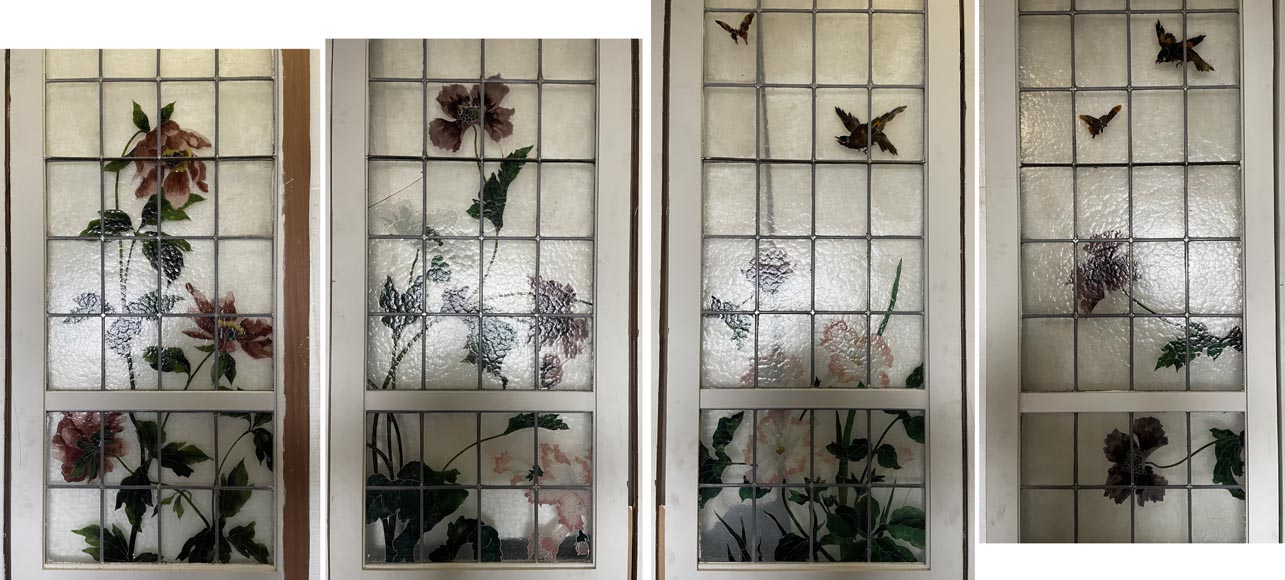 Quadruple sliding door with stained glass windows featuring birds and plants Quadruple sliding door with stained glass windows featuring birds and plants-6