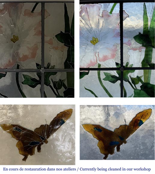 Quadruple sliding door with stained glass windows featuring birds and plants Quadruple sliding door with stained glass windows featuring birds and plants-8